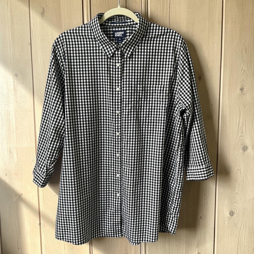 Lands' End Button Up Shirt Women's 18 Gingham Navy Blue White Tunic 100% Cotton